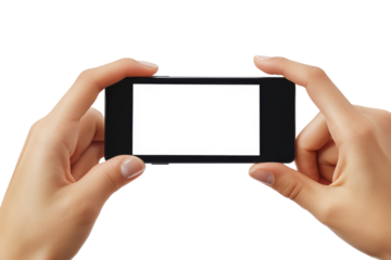 Hands holding a smartphone horizontally with a blank screen isolated on transparent background. Mobile phone mockups set smartphone screen mockup frame in hand isolated on white background.