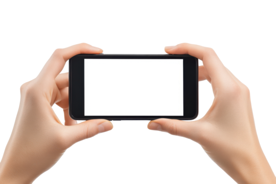 Hands holding a smartphone horizontally with a blank screen isolated on transparent background. Mobile phone mockups set smartphone screen mockup frame in hand isolated on white background.