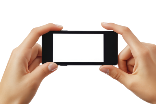Hands holding a smartphone horizontally with a blank screen isolated on transparent background. Mobile phone mockups set smartphone screen mockup frame in hand isolated on white background.