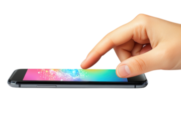 Human finger touching a smartphone screen with colorful display isolated on transparent background. Mobile phone screen mockup finger touching tapping on smartphone isolated on white background.