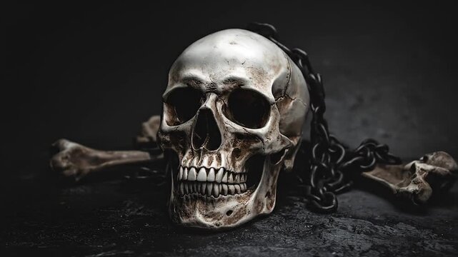 Spooky Skull and Crossbones with Chains Dark Background.