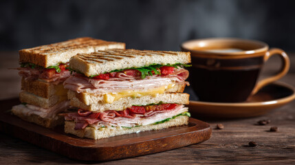 Delicious Club Sandwich with Coffee on Wooden Table