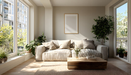Obraz premium Bright living room with large window and comfy sofa. Natural wood table and neutral tones create calm, cozy atmosphere. Minimalist decor includes plant and empty picture frame on wall.