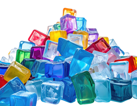 A pile of transparent, colorful cubes, ice-like, stacked together, melting slightly