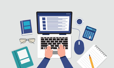 Working on Laptop at Home or Office Desk. freelancer or student hands typing on keyboard