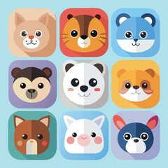 Collection of nine adorable flat design cartoon animal face icons perfect for childrens apps games or educational materials
