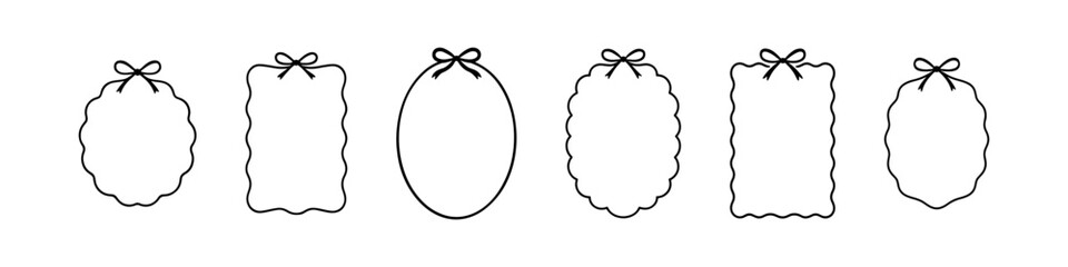 Doodle hand drawn coquette frames with bows and ribbons. Trendy vintage whimsical borders for wedding invitations, birthday card, prints. Designed with delicate lines.