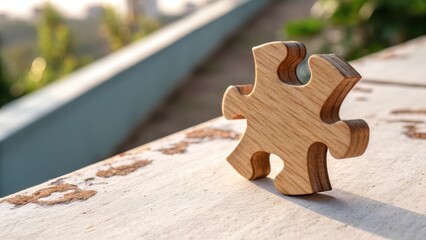 Wooden Puzzle Piece with Detailed Wood Grain in Bright Sunlight