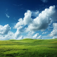 Obraz premium Vibrant green field under a bright blue sky with fluffy clouds, offering a sense of tranquility and openness