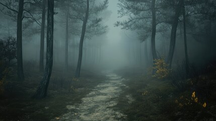 Naklejka premium A path through a forest with foggy trees