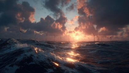 Dramatic sunset over turbulent ocean with wind turbines