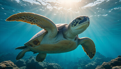 Sea turtle swims gracefully in the ocean with sun rays shining through