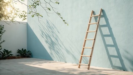 Wooden ladder leaning against a blue wall in sunlight