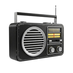 Fototapeta premium Retro black portable radio with silver speaker grille and illuminated dial isolated on transparent background
