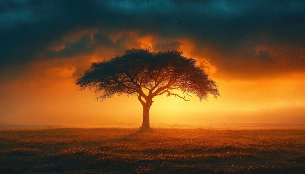 Solitary tree at vibrant sunset over savanna
