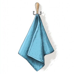 A hand-drawn illustration showcases a blue towel hanging from a wooden hook. The towel, gently draped, adds a touch of elegance to a clean design. The artwork, simple yet striking.