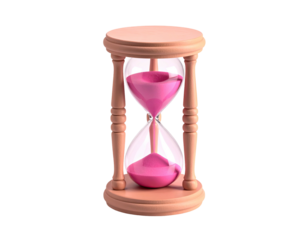 A pink hourglass with wooden supports against a black background, time is passing
