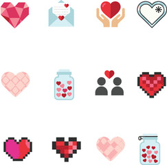 A collection of diverse heart-shaped icons and symbols representing love, affection, and care, presented in various artistic styles including pixel art and flat design.