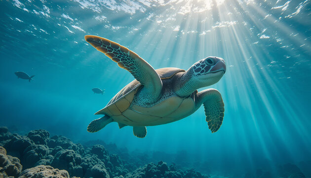 Sea turtle swimming in ocean with sun rays shining through the water surface