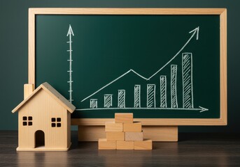 Wooden toy house with increasing bar graph on chalkboard illustrating real estate market growth