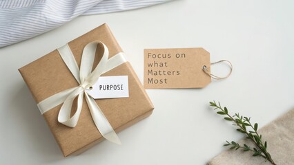 Wrapped brown gift box with white ribbon and tags on table
