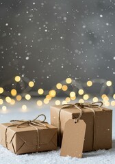 Wrapped gifts with string and tags during a winter celebration