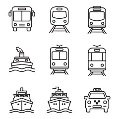 Set of public transportation related icons minimal flat graphic transport symbol silhouette vector transparent background.