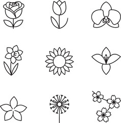 A collection of nine distinct floral illustrations, each depicting a different flower in a clean, minimalist line art style, showcasing roses, tulips, orchid...
