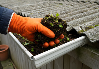 A hand wearing an orange glove removing soil and plant matter from a gutter, demonstrating gutter cleaning and maintenance