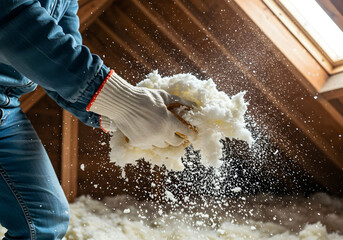 Insulation is being installed in an attic to improve energy efficiency and temperature control, creating a more comfortable and sustainable home