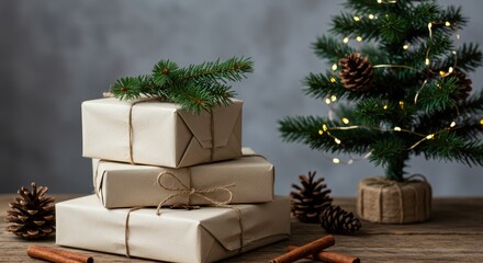Wrapped Christmas Gifts Stacked Neatly Under a Mini Pine Tree