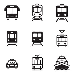 Set of public transportation related icons minimal flat graphic transport symbol silhouette vector transparent background.