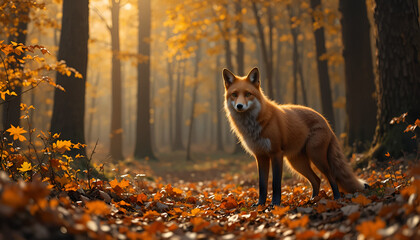 A captivating fox stands amidst the vibrant autumn foliage in the forest