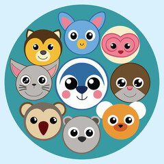 Collection of cute cartoon animal faces including monkey penguin dog cat bear koala and more in a circle design