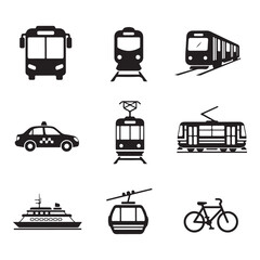 Set of public transportation related icons minimal flat graphic transport symbol silhouette vector transparent background.