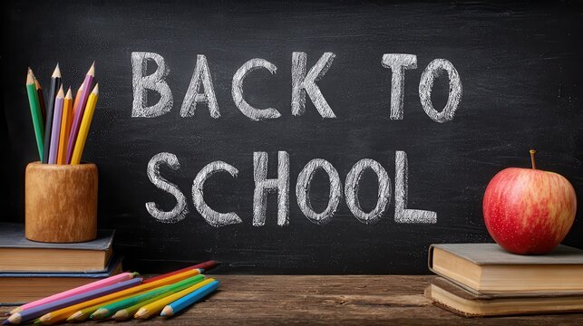 Back to school lettering with books, pencils and apple over chalkboard background.