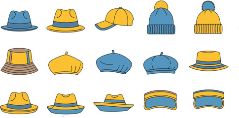 A collection of illustrated headwear including hats, caps, beanies, and visors in blue and yellow.