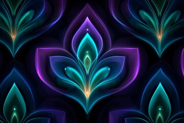 Vibrant Neon Turquoise Floral Patterns Dancing in a Dark Background at Night Generative AI