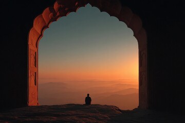 Person Sitting Under a Magnificent Carved Arch at Sunset Generative AI