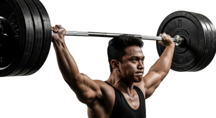 Strong Asian Man Lifting Heavy Barbell Overhead with Determination and Effort.