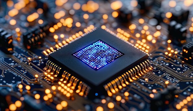 Close-up of glowing computer chip on circuit board