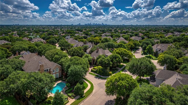 Suburban homes, trees, and a pool, viewed from above.  Vast expanse of residential neighborhood with city skyline in distance