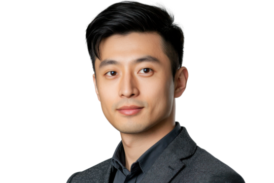 Young asian man with stylish hair and patterned jacket isolated on transparent background.
