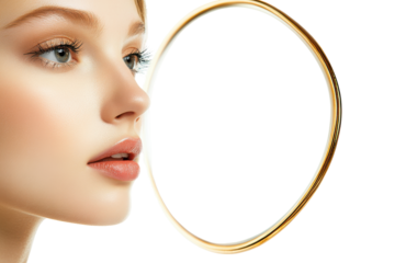 Woman blowing a golden bubble isolated on transparent background.
