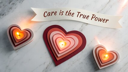 Heart shaped candles with paper layers and a message of care