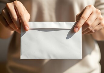 Presenting a Blank White Envelope Held by Hands in Soft Light