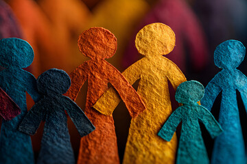 Diverse family structures representing love and unity with colorful paper cutouts arranged in a circle on a wooden background