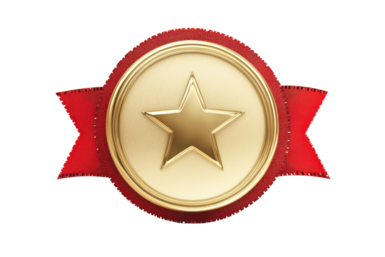 Golden star emblem on red background isolated on transparent background. Award badge isolated on white background. - Powered by Adobe