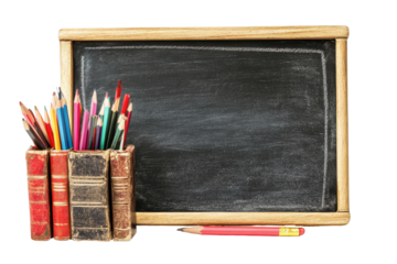 Vintage books holding colorful pencils next to a chalkboard isolated on transparent background. Back to school blackboard isolated on white background.