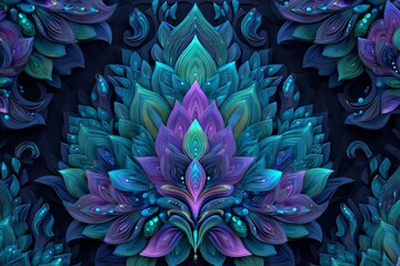 Intricate Floral Patterns in Vibrant Turquoise and Purple Hues Display a Stunning Visual Effect